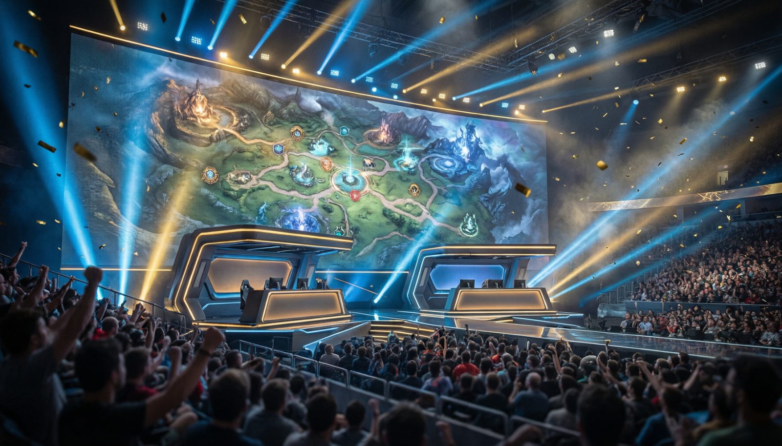 AI生成示意图:大型电竞舞台俯视图,两块选手隔音房面对面,巨屏与金色灯光洒满观众席